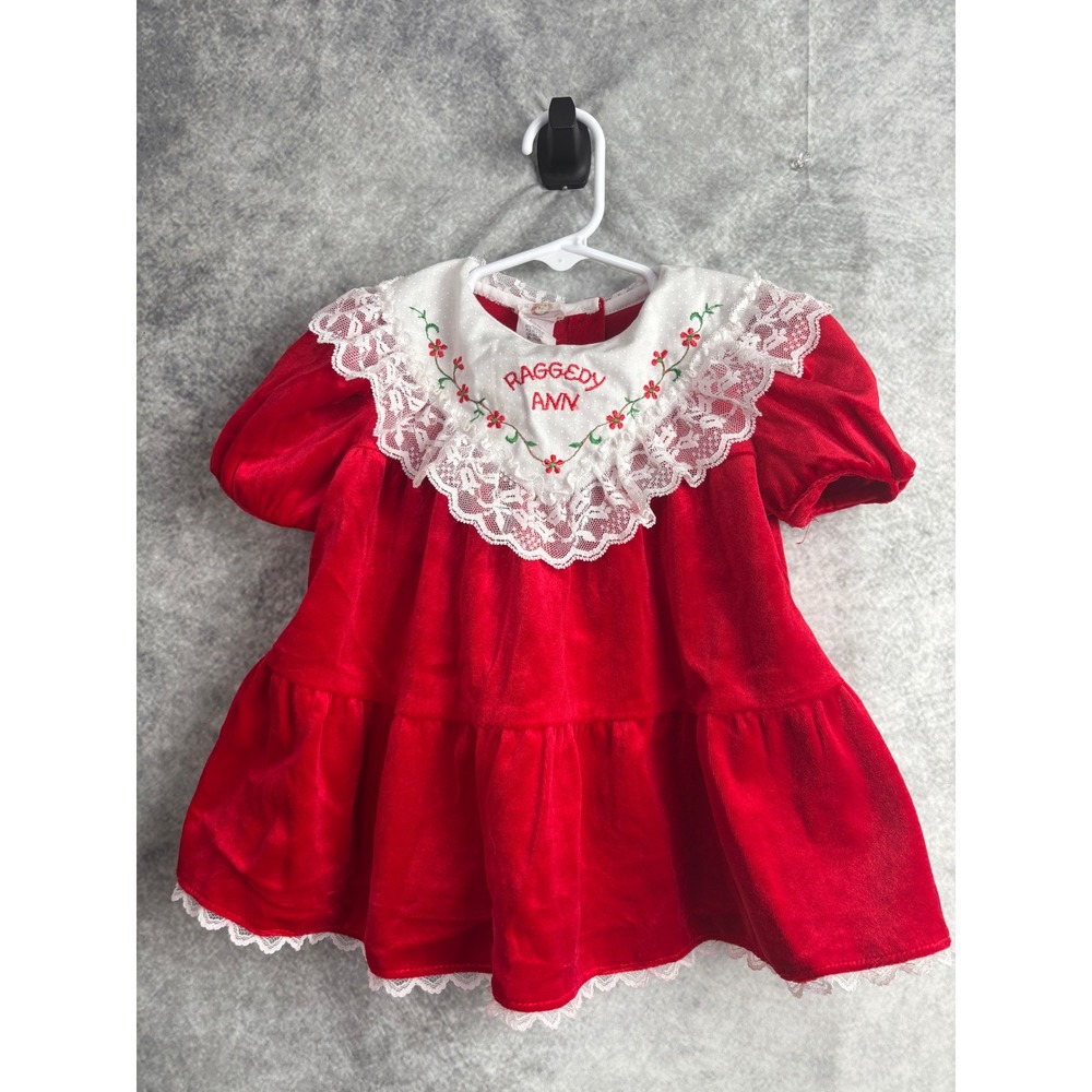 Raggedy Ann Girls Red Velvety Lace Collar Ruffle Vintage Dress Size 24 Months